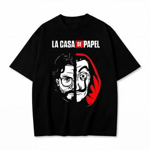 Czarna koszulka Dom z Papieru z nadrukiem Profesora i maski Dalego La Casa de Papel