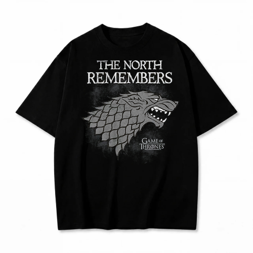 Czarna koszulka Gra o Tron z nadrukiem The North Remembers z wilkorem Starków
