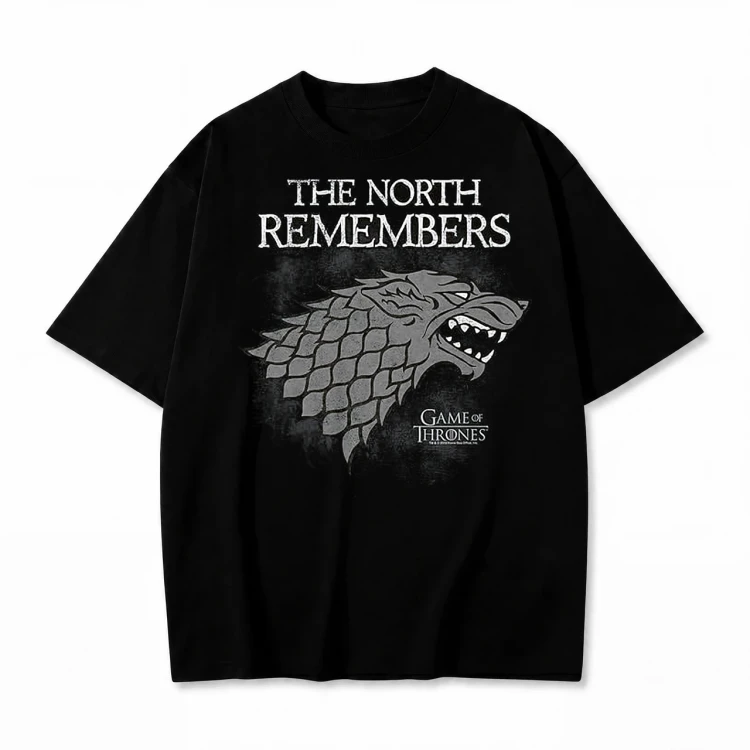 Czarna koszulka Gra o Tron z nadrukiem The North Remembers z wilkorem Starków