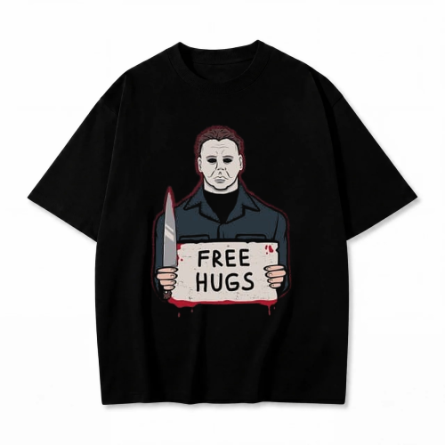 Czarna koszulka Halloween z nadrukiem Michael Myers Free Hugs