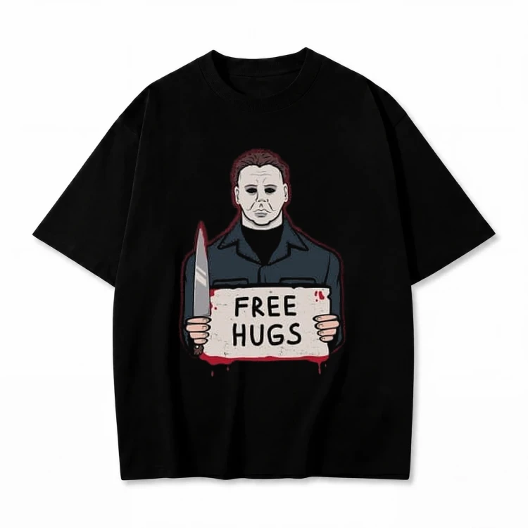 Czarna koszulka Halloween z nadrukiem Michael Myers Free Hugs