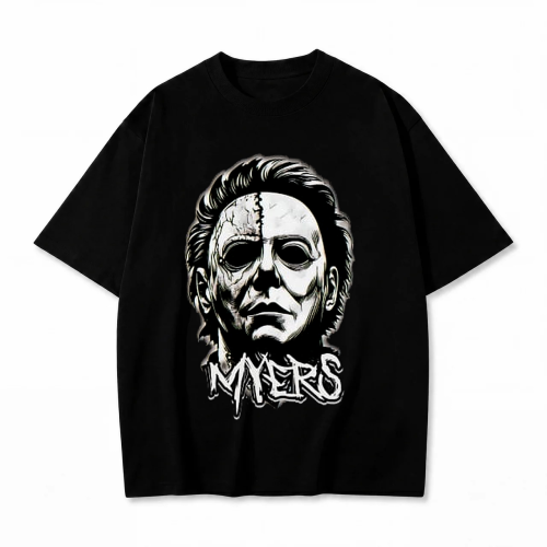 Czarna koszulka Halloween z nadrukiem maski Michaela Myersa z napisem Myers