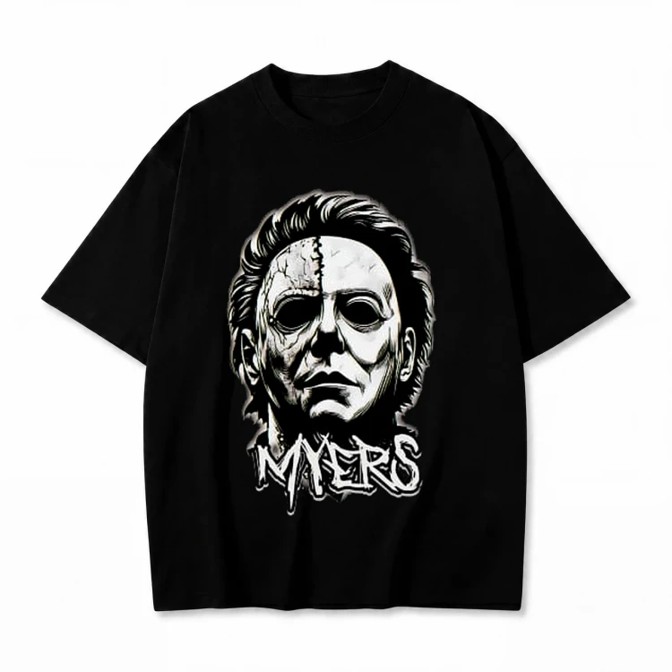 Czarna koszulka Halloween z nadrukiem maski Michaela Myersa z napisem Myers