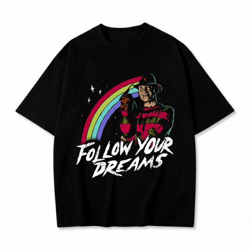Czarna koszulka Koszmar z ulicy Wiązów z nadrukiem Freddy Krueger Follow Your Dreams