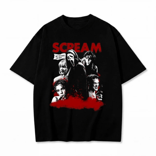 Czarna koszulka Krzyk z nadrukiem Scream z bohaterami filmu