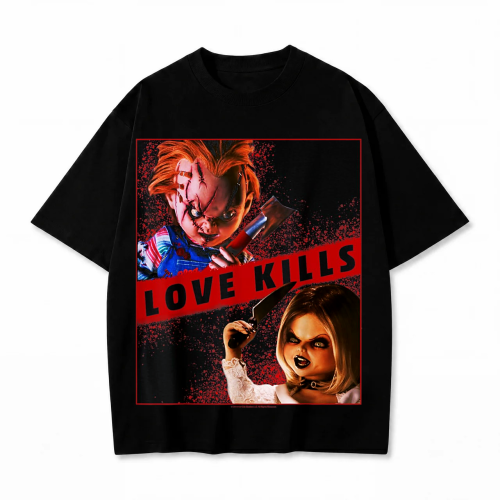 Czarna koszulka Laleczka Chucky z nadrukiem Chucky i Tiffany Love Kills