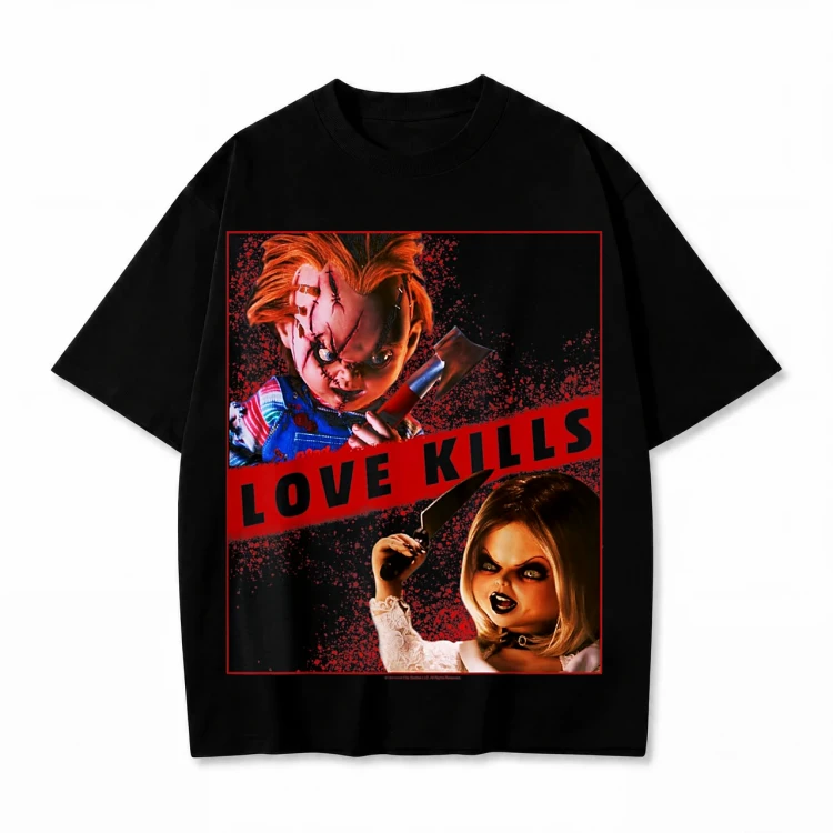 Czarna koszulka Laleczka Chucky z nadrukiem Chucky i Tiffany Love Kills