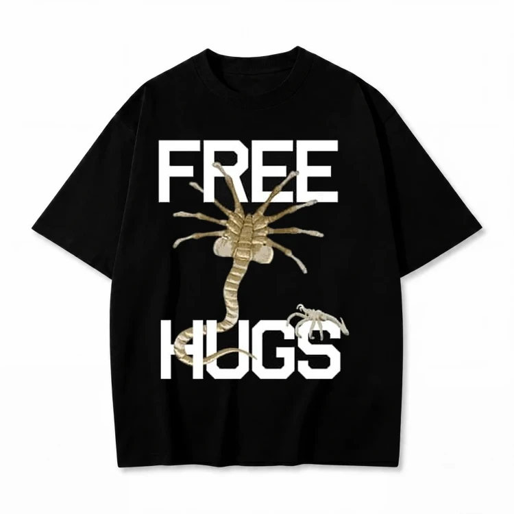 Czarna koszulka Obcy z nadrukiem Facehugger Free Hugs