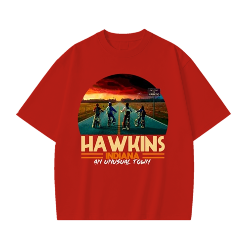 Czerwona koszulka Stranger Things z nadrukiem Hawkins Indiana