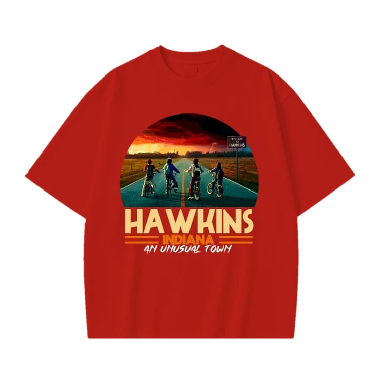 Czerwona koszulka Stranger Things z nadrukiem Hawkins Indiana