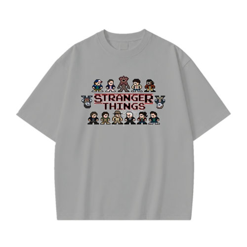 Szara koszulka Stranger Things z nadrukiem postaci w stylu pixel art