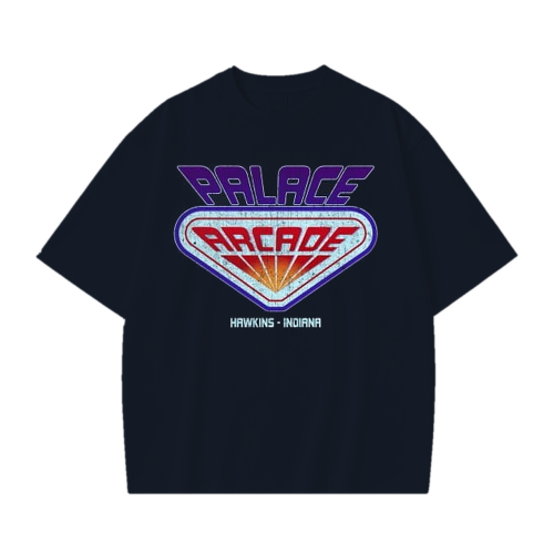 Granatowa koszulka Stranger Things z nadrukiem Palace Arcade