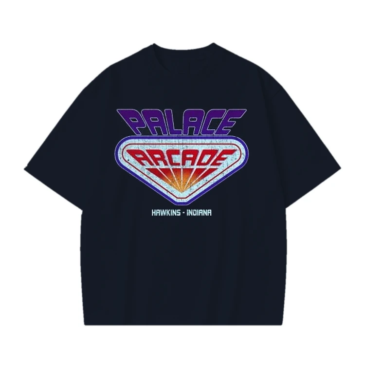 Granatowa koszulka Stranger Things z nadrukiem Palace Arcade