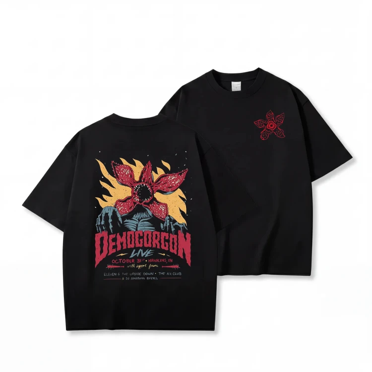 Czarna koszulka Stranger Things z nadrukiem Demogorgon Live na plecach i Demogorgonem na piersi