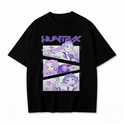 Czarna koszulka K-pop Demon Hunters z nadrukiem Huntrix – Rumi, Mira i Zoey
