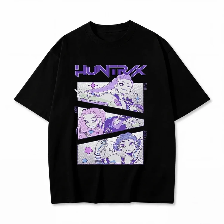 Czarna koszulka K-pop Demon Hunters z nadrukiem Huntrix – Rumi, Mira i Zoey