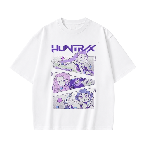 Biała koszulka K-pop Demon Hunters z nadrukiem Huntrix – Rumi, Mira i Zoey