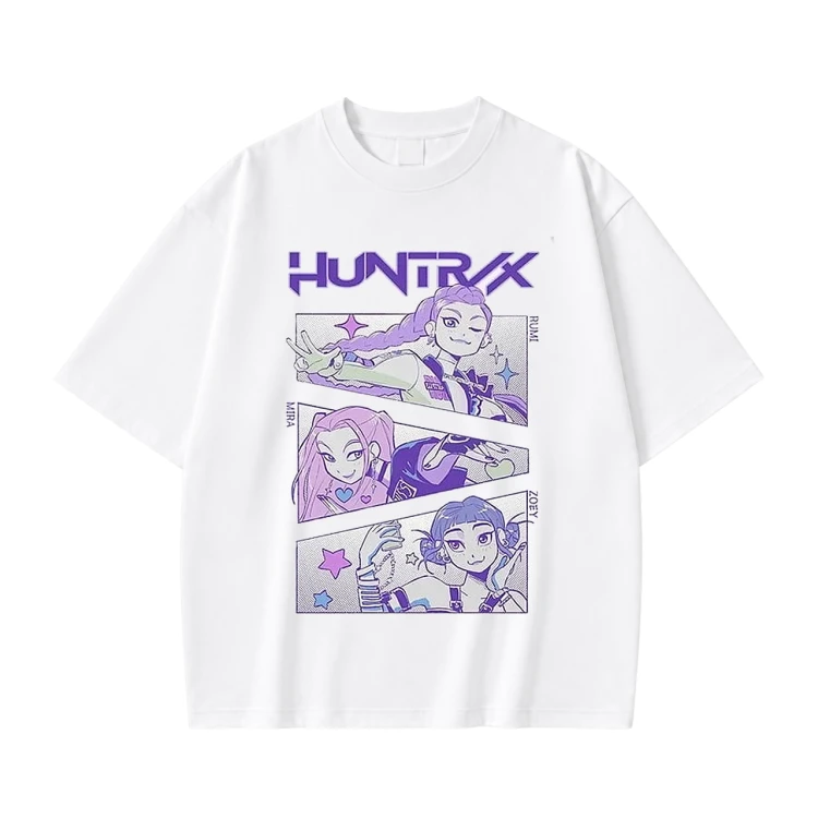Biała koszulka K-pop Demon Hunters z nadrukiem Huntrix – Rumi, Mira i Zoey