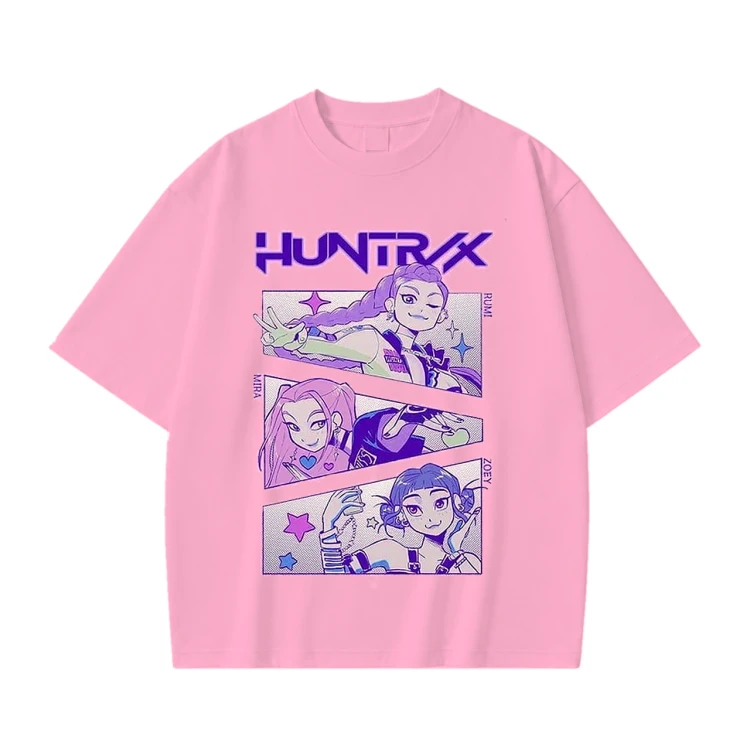 Różowa koszulka K-pop Demon Hunters z nadrukiem Huntrix – Rumi, Mira i Zoey