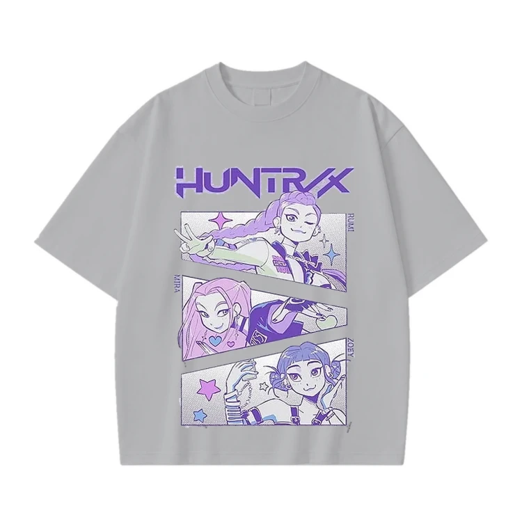 Szara koszulka K-pop Demon Hunters z nadrukiem Huntrix – Rumi, Mira i Zoey