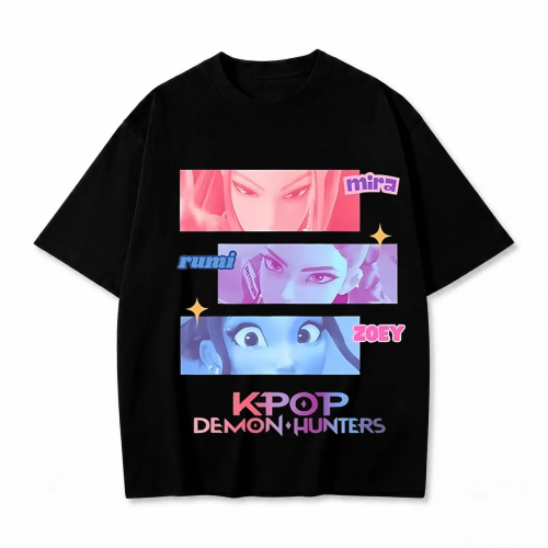 Czarna koszulka K-pop Demon Hunters z nadrukiem Miry, Rumi i Zoey