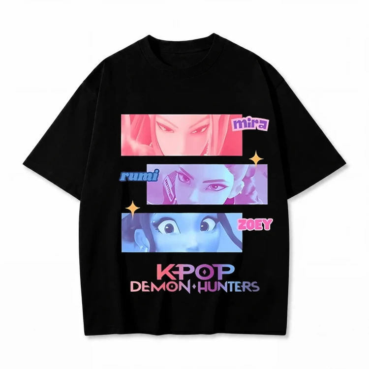 Czarna koszulka K-pop Demon Hunters z nadrukiem Miry, Rumi i Zoey