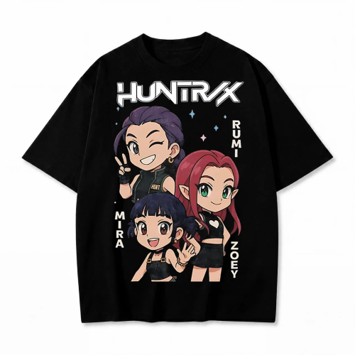 Czarna koszulka K-pop Demon Hunters z nadrukiem Huntrix – Rumi, Mira i Zoey