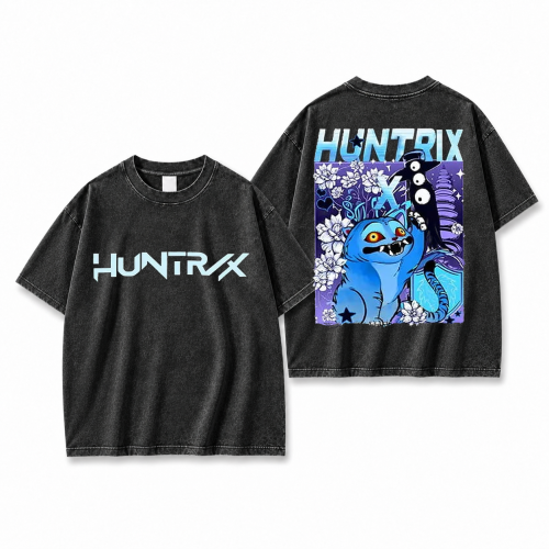 Koszulka K-pop Demon Hunters Huntrix czarna sprana – duży nadruk z przodu i z tyłu