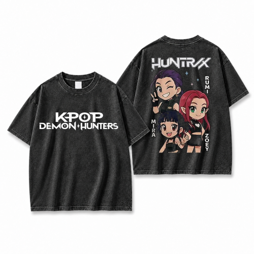 Koszulka K-pop Demon Hunters Huntrix czarna sprana – duży nadruk z przodu i z tyłu