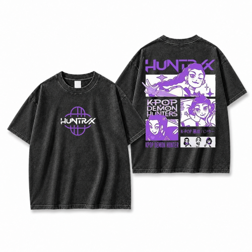 Koszulka K-pop Demon Hunters Huntrix czarna sprana – duży nadruk z przodu i z tyłu