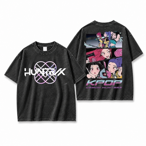 Koszulka K-pop Demon Hunters Huntrix czarna sprana – duży nadruk z przodu i z tyłu