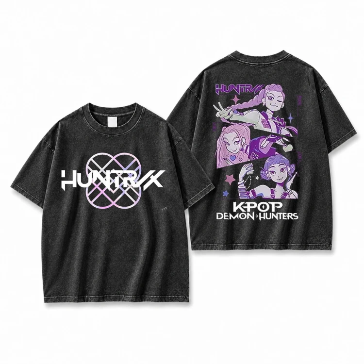 Koszulka K-pop Demon Hunters Huntrix czarna sprana – duży nadruk z przodu i z tyłu
