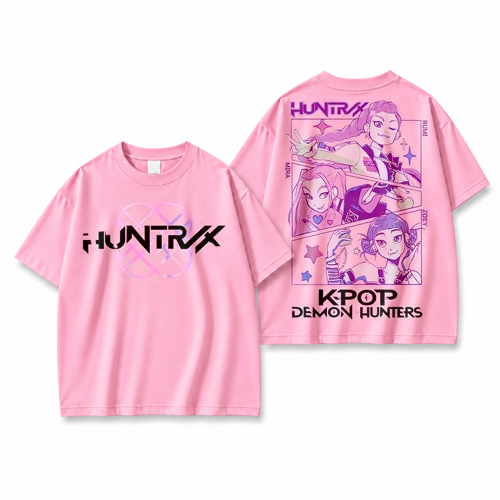 Koszulka K-pop Demon Hunters Huntrix różowa – duży nadruk z przodu i z tyłu