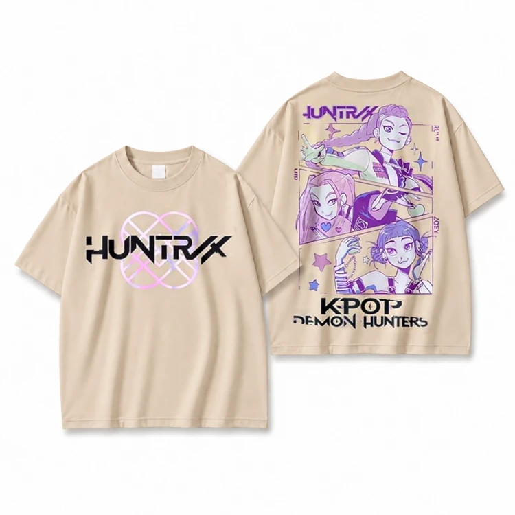 Koszulka K-pop Demon Hunters Huntrix beżowa – duży nadruk z przodu i z tyłu