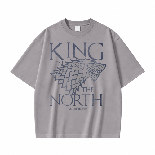 Szara koszulka Gra o Tron z nadrukiem King in the North z wilkorem Starków