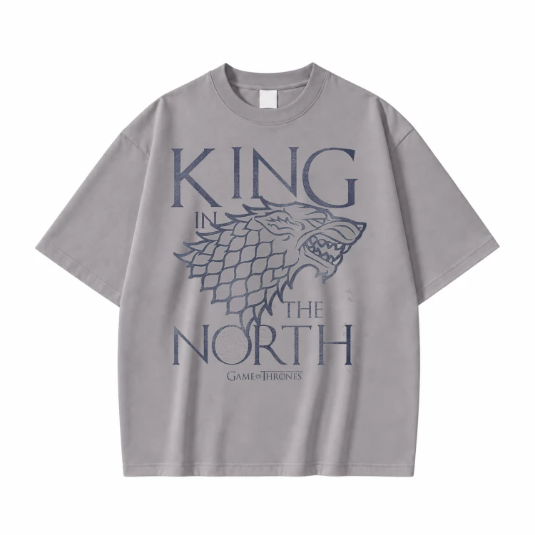 Szara koszulka Gra o Tron z nadrukiem King in the North z wilkorem Starków