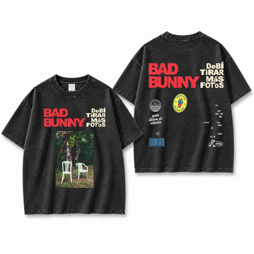 Czarna sprana koszulka Bad Bunny z nadrukiem na plecach i z przodu