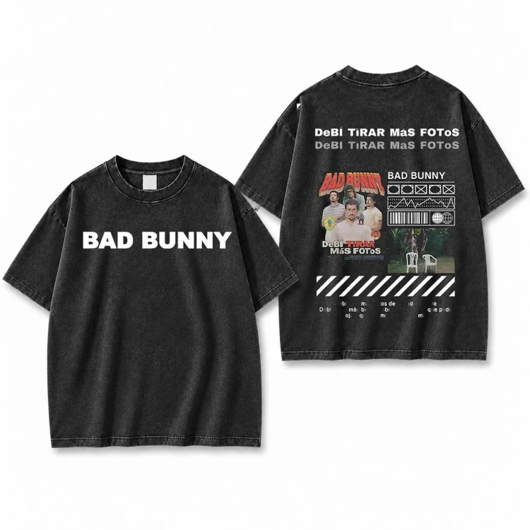 Czarna sprana koszulka Bad Bunny z nadrukiem na plecach i z przodu