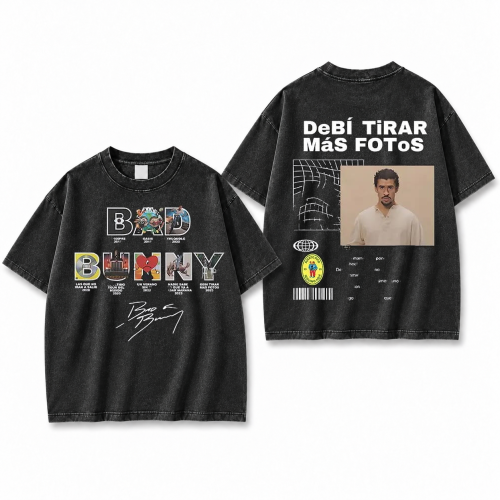 Czarna sprana koszulka Bad Bunny z nadrukiem na plecach i z przodu