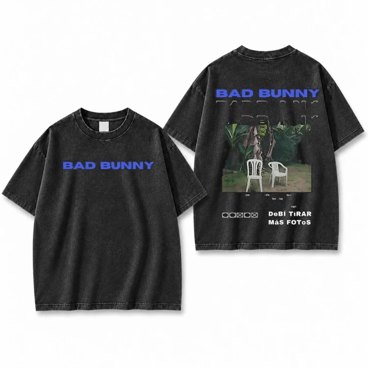 Czarna sprana koszulka Bad Bunny z nadrukiem na plecach i z przodu