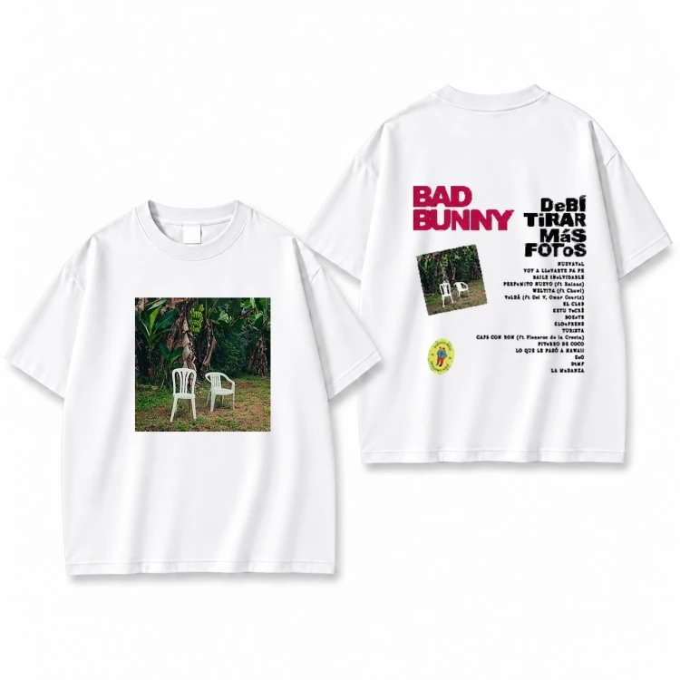 Biała koszulka Bad Bunny z nadrukiem na plecach i z przodu