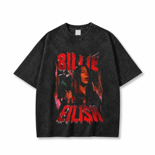 Czarna sprana koszulka Billie Eilish z nadrukiem z przodu