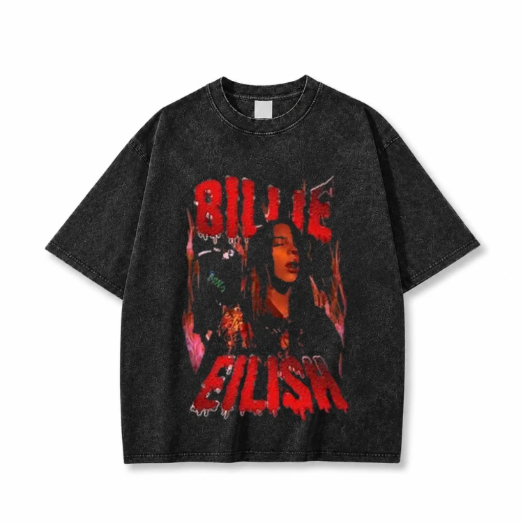 Czarna sprana koszulka Billie Eilish z nadrukiem z przodu