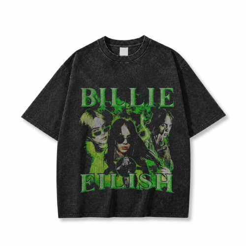 Czarna sprana koszulka Billie Eilish z nadrukiem z przodu