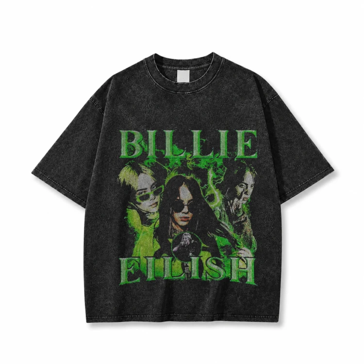 Czarna sprana koszulka Billie Eilish z nadrukiem z przodu