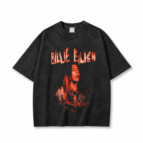 Czarna sprana koszulka Billie Eilish z nadrukiem z przodu