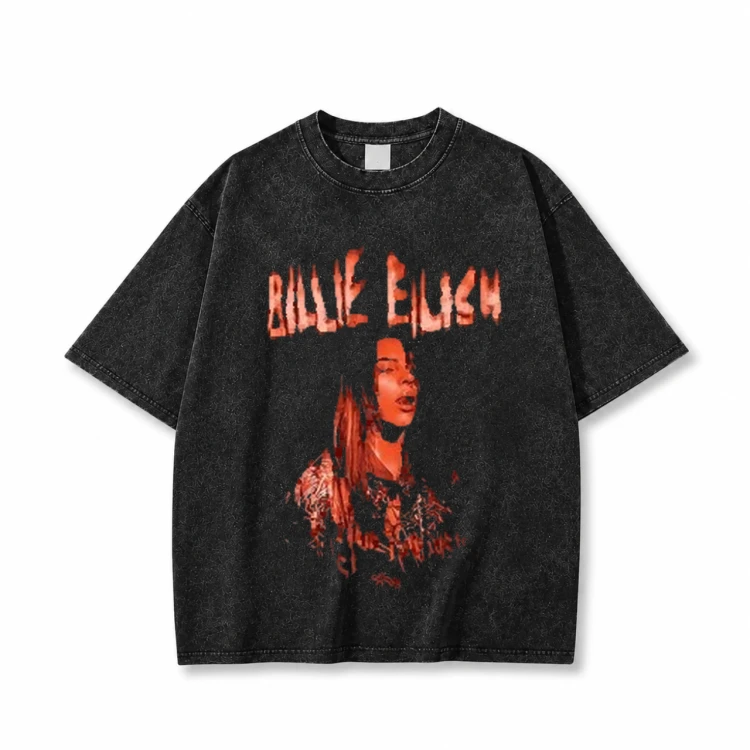 Czarna sprana koszulka Billie Eilish z nadrukiem z przodu