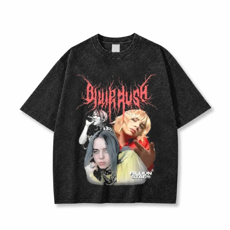 Czarna sprana koszulka Billie Eilish z nadrukiem z przodu