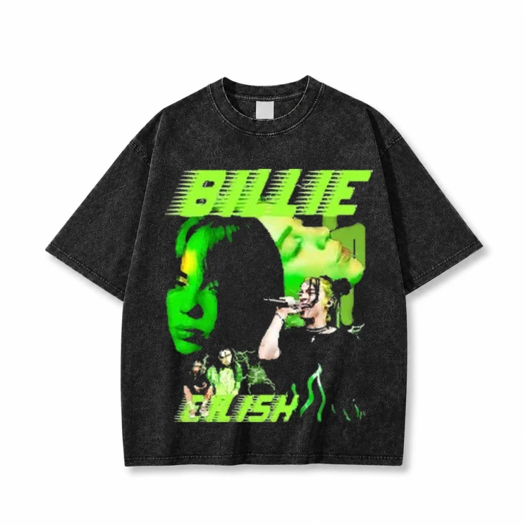 Czarna sprana koszulka Billie Eilish z nadrukiem z przodu