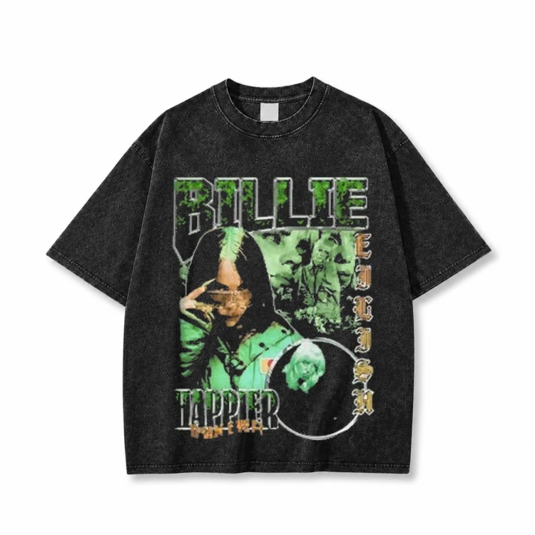 Czarna sprana koszulka Billie Eilish z nadrukiem z przodu